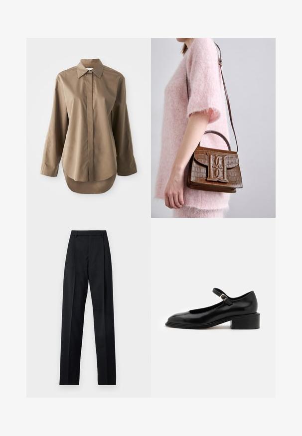 Rjava dolgo rokavica srajca iz gladkega materiala, z ostrim ovratnikom, sprednjim zapenjanjem na gumbe in zaobljenim robom na hrbtu.; Črne hlače iz gladkega materiala, ki imajo visok pas, široke noge, sprednje nabore in klasične zanke za pas. Nevidni stranski žepi.; Souliers Martinez PENELOPE - Visoke pete - black; Rjava torbica s krokodiljo embosiranjem, z zgornjim ročajem in naramnicami. Ima izstopajoč logotip na sprednjem pokrovu. Mehka tekstura.