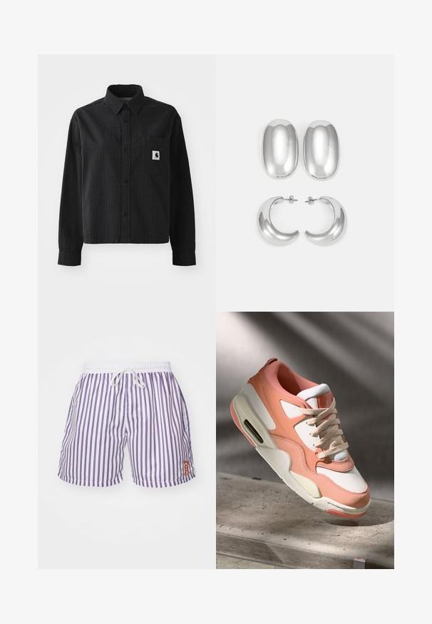 Black long-sleeve shirt with a textured waffle pattern, button-up front, collar, and a chest pocket featuring a logo patch.; Light purple short-sleeve t-shirt made of soft fabric, featuring a white logo on the upper left chest and a relaxed fit design.; Men's swim shorts in white with vertical purple stripes, elastic waistband with drawstring, and small orange embroidered logo on the left side.; Sneaker with a soft pink and white upper, textured suede paneling, a padded collar, and a visible air unit in the heel. Cream-colored sole.; Silver-colored earrings set: two oval studs and two crescent-shaped hoops, featuring a glossy, smooth finish and a rounded design.