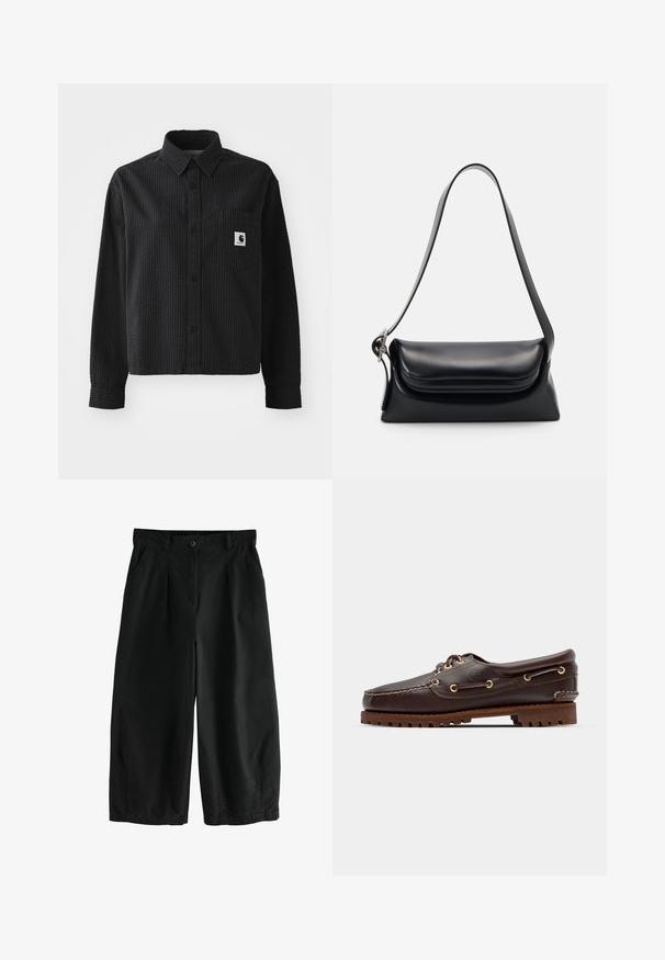 Čierna košeľa s dlhým rukávom s textúrovaným vaflovým vzorom, zapínanie na gombíky vpredu, golier a náprsné vrecko s logo nášivkou.; Čierne nohavice s širokými nohavicami vyrobené z bavlny, s uzáverom na gombík, prednými záhybmi a bočnými vreckami; hladká textúra a voľný strih.; Hnedé kožené loďkové topánky so zlatými očkami, okrúhlymi šnúrkami a štruktúrovanou hnedou gumovou podrážkou. Obsahuje prešívané detaily a vyvýšené logo.; Čierna kožená kabelka so štruktúrovaným tvarom, hladkou textúrou a jedným ramenným popruhom. Obsahuje jemný, zaoblený dizajn klapky.