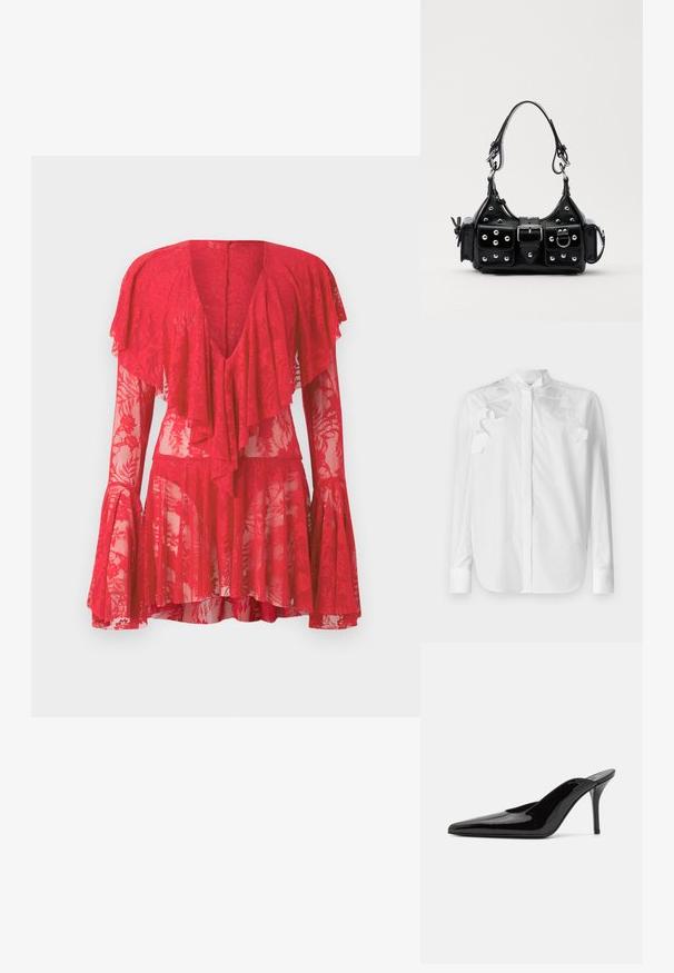 Witte lange mouwen shirt van katoen met een Mandarin kraag. Kenmerkt zich door gelaagde volants op de schouders en een knoopsluiting aan de voorkant.; Rode kanten jurk met lange uitlopende mouwen, een diepe V-hals, gelaagde ruffles en bloemenpatronen. De sheer textuur versterkt het ontwerp.; Zwarte gepatineerde leren hoge hak muiltjes met een spitse neus en een slanke silhouet, met een open achterkant en een slanke stilettohak.; Zwarte lederen handtas met een gebogen ontwerp, voorzien van zilveren studs, een gesp en twee zijvakken. Verstelbare schouderband voor verschillende draagmogelijkheden.