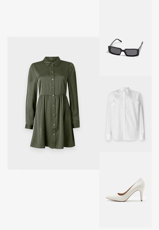Weißes Langarmhemd aus Baumwolle mit Stehkragen. Verfügt über gestufte Rüschendetails an den Schultern und eine Knopfleiste vorne.; Langärmliges, olivgrünes Hemdkleid mit tailliertem Schnitt und Kragen, leicht ausgestelltem Rock und geknöpften Ärmeln.; Weiße Lackleder-Pumps mit spitzer Zehenform und glatter Oberfläche, ausgestattet mit einem schmalen Absatz und einem niedrigen Schnitt um die Öffnung.; Schwarze Sonnenbrille mit rechteckigem Rahmen, dunklen Gläsern und glatter, glänzender Oberfläche. Verfügt über dünne Bügel mit dezentem Branding an der Seite.; Michael Kors Clutch in beige beschichtetem Canvas mit einem wiederholten MK-Logo-Muster, goldfarbener hardware und einem abnehmbaren Kettenriemen.
