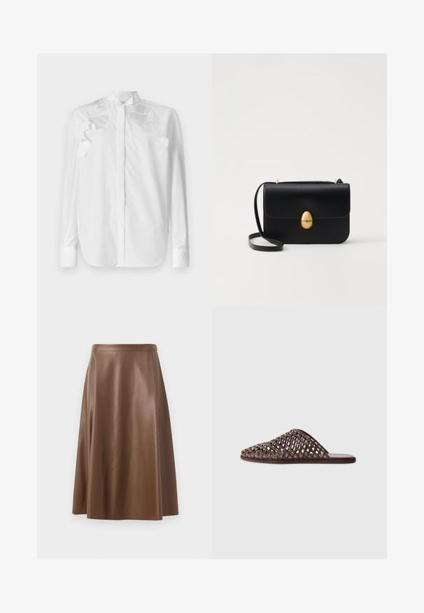 White long-sleeve shirt in cotton with a mandarin collar. Features layered ruffle accents on the shoulders and button closure at the front.; Brown leather A-line skirt with a smooth texture and a mid-length hem. Features a fitted waistband and a slight flare from the hips.; Brown woven slide sandal with a rounded toe, open design, flat sole, and textured surface. Lightweight material and minimalist silhouette.; Black leather handbag with a structured rectangular shape. Features a golden oval clasp and a thin shoulder strap. Smooth texture.