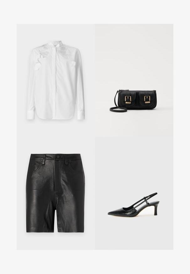 Cămașă albă cu mânecă lungă din bumbac, cu guler mandarin. Prezintă accente de volan suprapuse pe umeri și închidere cu nasturi în față.; Shorts negri din piele cu o textură netedă, având un fermoar frontal, închidere cu nasture și un design clasic cu cinci buzunare.; Pantofi cu toc slingback negri din patent, cu vârf ascuțit, cu imprimeu de șarpe texturat, curea ajustabilă și toc scurt texturat.; Geantă neagră din piele, tip crossbody, cu două buzunare frontale, catarame aurii, închidere cu fermoar și o curea subțire. Suprafață texturată și formă rectangulară compactă.