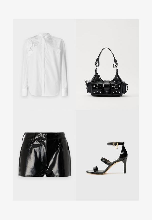 Weißes Langarmhemd aus Baumwolle mit Stehkragen. Verfügt über gestufte Rüschendetails an den Schultern und eine Knopfleiste vorne.; Schwarze, glänzende Shorts aus synthetischem Material. Mit einem taillierten Bund, Gürtelschlaufen und vorderen Taschen mit auffälligen Nähdetails.; Schwarze Lackleder-Sandale mit drei Riemen, Knöchelriemen und 10 cm hohen Stiletto-Absatz. Verfügt über goldfarbene Hardware-Details und ein Logo-Charm.; Schwarze Lederhandtasche mit einem geschwungenen Design, verziert mit silbernen Nieten, einer Schnalle und zwei seitlichen Taschen. Verstellbarer Träger für verschiedene Tragemöglichkeiten.
