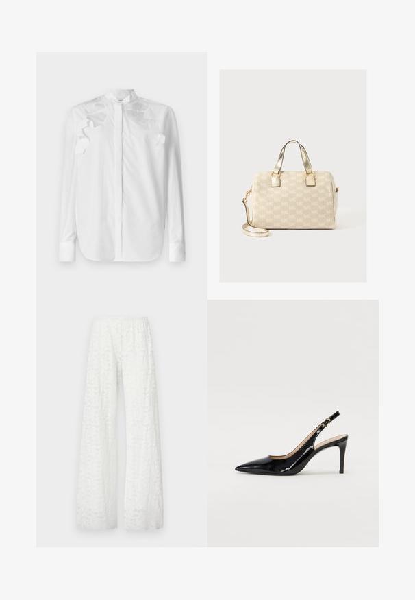 Weißes Langarmhemd aus Baumwolle mit Stehkragen. Verfügt über gestufte Rüschendetails an den Schultern und eine Knopfleiste vorne.; Weiße weite Hosen mit elastischem Bund, die ein strukturiertes, florales Spitzenmuster im gesamten Stoff aufweisen.; Schwarz lackierte Slingback-Pumps mit spitzem Zehenbereich, schlankem Absatz und einem subtilen Ausschnittdesign. Verfügt über eine goldene Schnalle am Riemen.; Beige Handtasche mit durchgehendem MK-Muster, goldfarbener Hardware, doppelten oberen Griffen und verstellbarem Schultergurt. Glatte Textur mit strukturiertem Design.