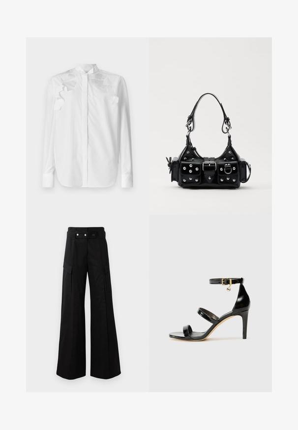 White long-sleeve shirt in cotton with a mandarin collar. Features layered ruffle accents on the shoulders and button closure at the front.; Black wide-leg pants with a high waistband, featuring large side pockets, two front buttons, and a loop detail. Made from sturdy fabric.; Black patent leather sandal with three straps, ankle buckle, and 4-inch stiletto heel. Features gold hardware detail and logo charm.; Black leather handbag with a curved design, featuring silver studs, a buckle, and two side pockets. Adjustable strap for carrying options.