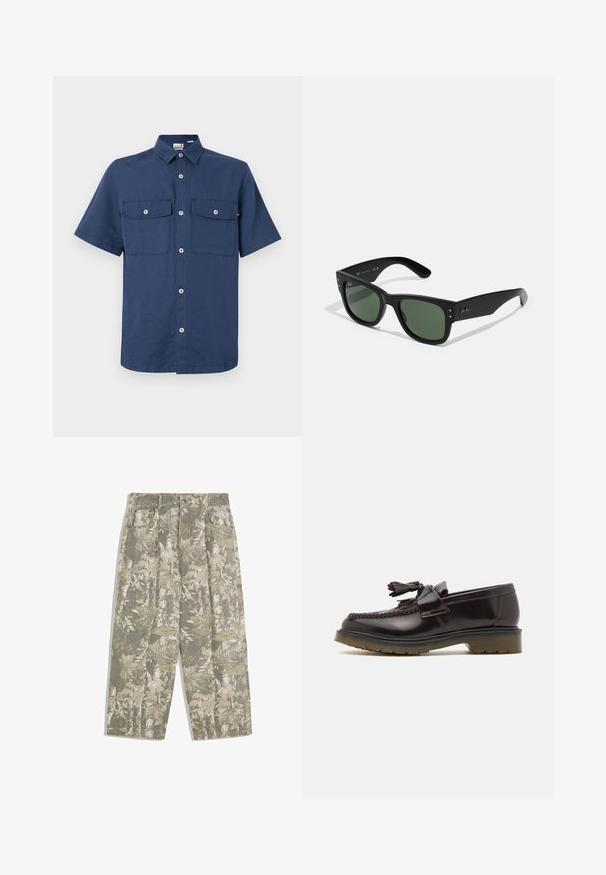 Navyblauwe kortemouwen shirt van gladde stof. Heeft een button-down kraag, twee borstzakken en een voor sluiting met zichtbare hardware.; Cargo broek met wijde benen in een groen en beige camouflagepatroon van bladeren en schors, met voorzakken en riemlussen.; Bruine leren instappers met een geweven ontwerp, een kwastje en een platte rubberen zool. Beschikt over een gladde afwerking en contrasterende stiksels.; Zwarte rechthoekige zonnebril met groene lenzen, matte afwerking, subtiele hardwareaccenten en een gegraveerd logo op de slaap.