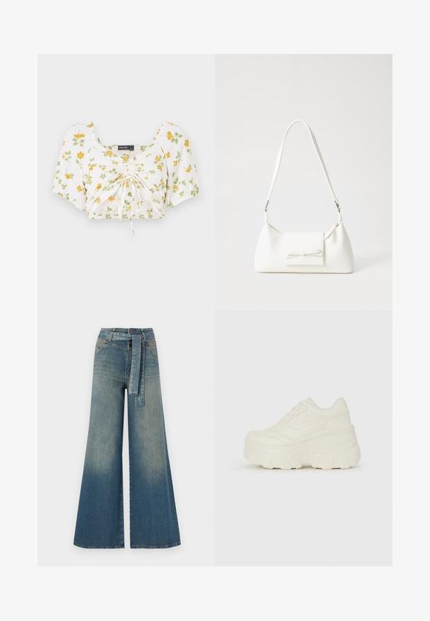 White crop top with short puff sleeves, featuring yellow and green floral print. Ruched center with adjustable drawstrings for fit.; Wide-leg denim trousers featuring a light to dark blue gradient, high waist, belt loops, and a matching fabric belt. Textured denim finish.; White platform sneakers featuring a smooth leather-like upper, rounded shape, padded collar, and textured rubber sole with defined treads.; White synthetic handbag with a triangular shape, flat front flap and bow detail, adjustable strap, smooth texture, and minimalistic design.