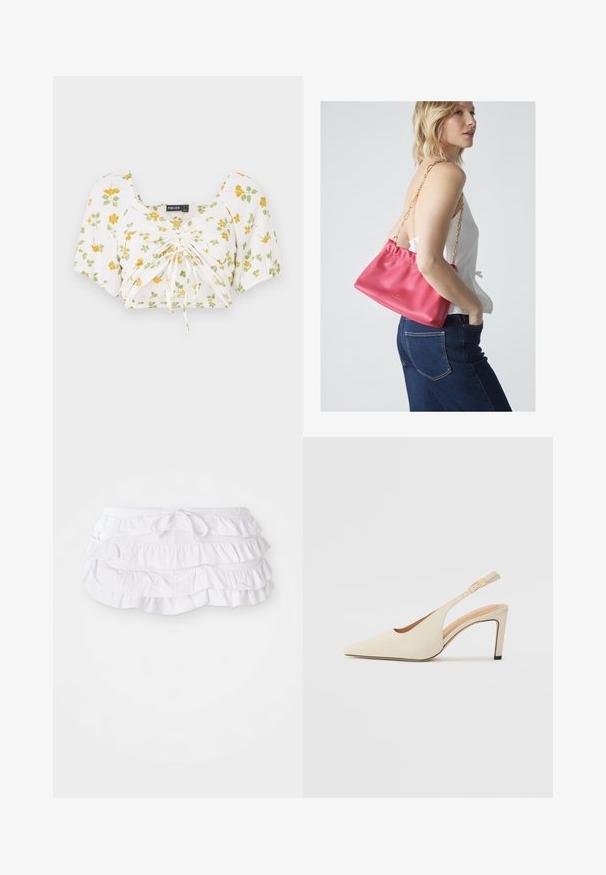 Valkoinen lyhythihainen crop-top, jossa on lyhyet puffihihat ja keltavihreä kukkakuosi. Rypytetty keskikohta ja säädettävät nyörit istuvuuden lisäämiseksi.; Valkoinen rypytetty uimapuku hame, jossa on useita kerroksia ja säädettävä nyörivartalo. Pehmeä kangas, jolla on sileä pinta.; Beige nahkaiset slingback-kengät, joissa on teräväkärkinen muotoilu, avonaiset sivut ja kapea korkea korko. Sukulaisuus kullanvärinen yksityiskohta remmissä.; Vaaleanpunainen nahkalaukku, jossa on rypistetty yläosa, kultaketjuolkapanta ja logoyksityiskohta. Käytetään olalla valkoista taustaa vasten.