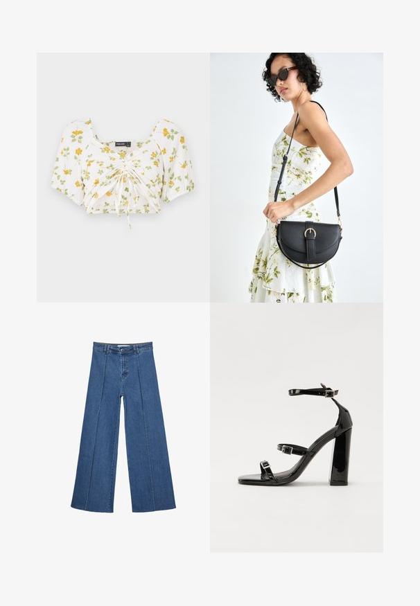 Top corto bianco con maniche a sbuffo corte, caratterizzato da un motivo floreale giallo e verde. Centro arricciato con coulisse regolabili per una vestibilità perfetta.; Jeans in denim a gamba larga di blu medio, con vita alta, chiusura con bottone e dettagli delle cuciture verticali a contrasto lungo la parte anteriore.; Sandali con tacco in vernice nera, con punta squadrata, cinturini alla caviglia e fibbie in argento. Presentano un tacco a blocco spesso per maggiore stabilità.; Borsa a tracolla nera in pelle con una forma curva, manico rimovibile e accessori dorati. La borsa presenta una patta con un dettaglio a fibbia.