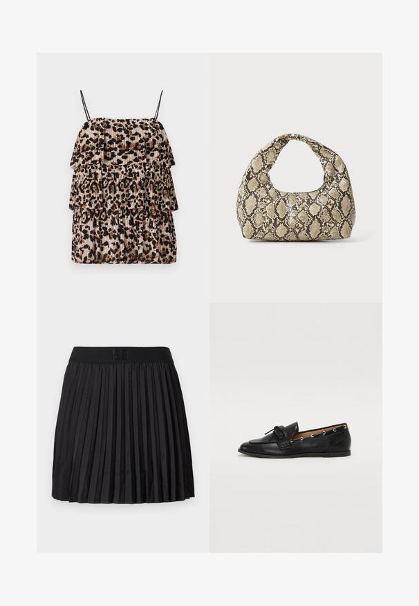 Leopard print top with three tiered ruffles, made of lightweight fabric. Features thin black straps and a pleated texture in beige and brown.; Black pleated skirt with a smooth texture, featuring a solid black waistband and an embossed logo detail at the front.; Black leather loafers with a tied bow, featuring gold eyelet accents along the sides and a flat rubber sole. Smooth texture, classic design.; Snake-print handbag with a curved handle. Made from textured, beige and brown materials, featuring a distinctive diamond pattern.
