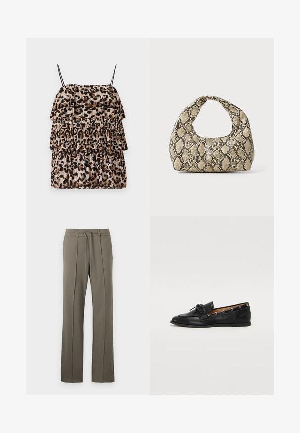 Top en imprimé léopard avec trois volants en cascade, conçu en tissu léger. Présente des bretelles noires fines et une texture plissée beige et marron.; Pantalons kaki avec une coupe droite, taille à cordon de serrage et deux plis sur le devant. Fabriqués dans un tissu doux et texturé.; Mocassins en cuir noir avec un nœud lié, présentant des œillets dorés le long des côtés et une semelle en caoutchouc plate. Texture lisse, design classique.; Sac à main en motif serpent avec une poignée incurvée. Fabriqué à partir de matériaux texturés beiges et bruns, présentant un motif en diamant distinctif.