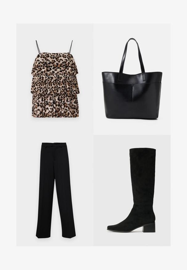 Leopard print top with three tiered ruffles, made of lightweight fabric. Features thin black straps and a pleated texture in beige and brown.; Black wide-leg trousers made of smooth fabric, featuring a classic waistband with a button closure and front pleats.; Knee-high black suede boots with a pointed toe and a chunky rectangular heel, featuring a smooth texture and minimalistic design.; Black leather tote bag with two long handles, a smooth texture, and a structured shape. Features a front pocket for additional storage.
