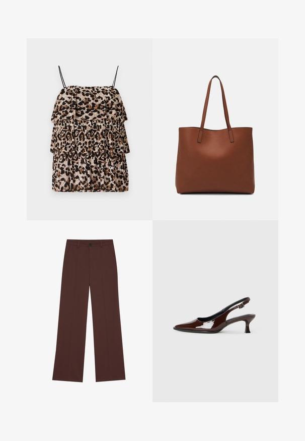 Leopardmønstrete topp med tre lag ruffles, laget av lett stoff. Har tynne svarte stropper og en plisserte tekstur i beige og brunt.; Bredde benbukser i en rik brun stoff. Har knappelukking, to frontlommer, glatt tekstur og rene linjer.; Brune patentlæder slingback sko med spids tå og moderat hæl. Har en spænde rem for sikker pasform. Glat tekstur.; Brun lær tote veske med en jevn tekstur, åpen toppdesign og to skulderstropper. Har minimal søm og ingen synlige spiker.
