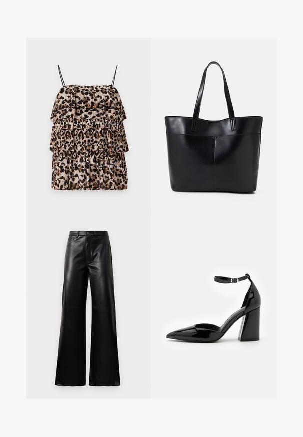 Top con estampado de leopardo y tres volantes, hecho de tela liviana. Presenta tirantes finos negros y una textura plisada en tonos beige y marrón.; Pantalones de imitación de cuero negros de cintura alta y pierna ancha con botón frontal, cierre de cremallera, pasadores para cinturón y bolsillos laterales sobre fondo blanco.; Zapato de tacón alto de charol negro con punta afilada, correa en el tobillo y ancho tacón bloque para mayor estabilidad, con una textura suave y brillante.; Bolso tote de cuero negro con dos asas largas, textura suave y forma estructurada. Cuenta con un bolsillo frontal para almacenamiento adicional.
