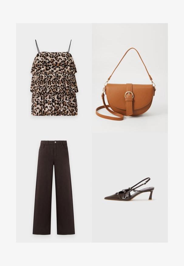 Leopardmønstrete topp med tre lag ruffles, laget av lett stoff. Har tynne svarte stropper og en plisserte tekstur i beige og brunt.; Bredde benbukser i mørkebrun bomullsstoff. Har knapplukking og frontlommer, med glatt tekstur og rene linjer.; Brun lakkert lær slingback-hæl med spiss tå, justerbare stropper og dekorative spenner foran. 7,5 cm helhøyde.; Brun lærcrossbody-veske med en buet form, gullhardware og et spenneakcent. Har en avtakbar skulderreim.