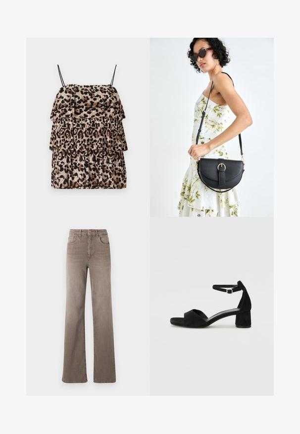 Luipaardprint top met drie-laags ruches, gemaakt van lichtgewicht stof. Heeft dunne zwarte bandjes en een geplooide textuur in beige en bruin.; Bruine hoge taille straight-leg jeans met een knoop aan de voorkant, riemlussen en een klassieke vijf-pocket design op een witte achtergrond.; Zwarte suede hakken met een dunne enkelband, open teen ontwerp en een bescheiden blokhak. Zachte textuur en minimale accenten.; Zwarte leren handtas met een gebogen vorm, afneembare schouderband en gouden hardware. De tas heeft een klep met een gespsluiting.