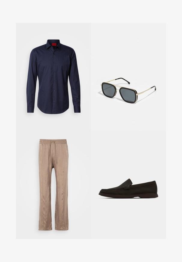 Mornarsko plavi dugosleeve majica s suptilnim ribljim kostim uzorkom, ovratnik na dugmad i crnim gumbima. Tkanina od pamučne mješavine s glatkom teksturom.; Svijetlosmeđi hlače širokih nogavica napravljene od glatke tkanine, s elastičnim pojasom i špagom te dva prednja pregiba.; Tamno smeđe antilop cipele bez pertli s ušivenim prstom, niskim gumenim đonom i teksturiranim detaljima na gornjem delu.; Crne i zlatne sunčane naočale s kvadratnim oblikom, metalnim okvirom, tamnosivim lećama i crnim vrhovima okvira. Imaju dizajn s dvostrukim mostom.