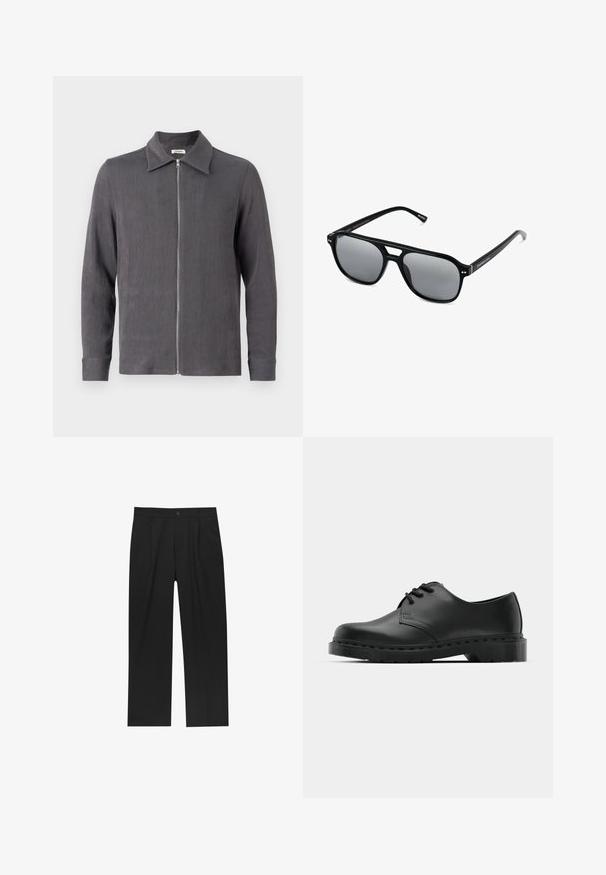 Maglione grigio con zip, collo a camicia e maniche lunghe, realizzato in un tessuto testurizzato con un delicato motivo a coste.; Pantaloni neri con un design a gamba dritta, realizzati in un tessuto liscio. Presentano pieghe frontali e una chiusura a un bottone in vita.; Scarpa oxford in pelle nera con design con lacci, punta arrotondata, suola piatta in gomma e dettagli di cucitura discreti lungo la parte superiore.; Occhiali da sole neri con montatura rettangolare, lenti grigie oscurate e design con intaglio sul ponte. Materiale plastico lucido e slanciato, con tempie sottili.