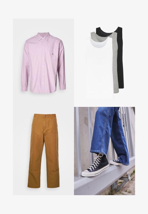 Srajca z dolgimi rokavi in gumbom v svetlo roza barvi z navpičnimi belimi črtami, iz bombažnega blaga, ovratnikom, sprednjo žepe in logotipom na žepu.; Tri majice brez rokavov v bežni, sivi in črni barvi. Vsaka je značilna po klasičnem brezrokavem dizajnu, izdelana iz lahkega bombažnega materiala z rebrasto teksturo.; Brazdaste hlače iz bombaža z naravnim krojem in naravnim rezom, ki imajo sprednje žepe in kovinske dodatke za dodatno trdnost.; Črne visoke teniske z belim podplatom in vezalkami, v kombinaciji z ohlapnimi modrimi džinsom, naslonjene na sivo ograjo.