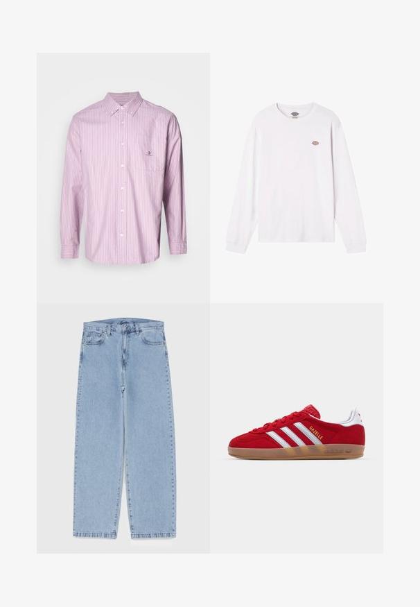 Camisa de botones de manga larga en rosa claro con rayas verticales blancas, tela de algodón, cuello, bolsillo frontal y detalle de logo en el bolsillo.; Camiseta blanca de manga larga hecha de algodón. Presenta un pequeño logo multicolor en el pecho. Diseño simple con puños acanalados.; Jean de mezclilla azul claro con diseño de pierna recta, con una cintura de altura media, cinco bolsillos y un cierre de botón y cremallera.; Zapatillas de ante rojo con diseño de tres rayas blancas y texto dorado "Gazelle". Cuenta con una suela de goma y un talón texturizado.