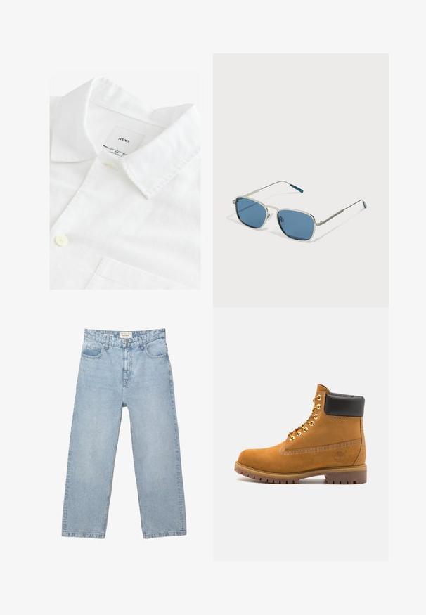 Weißes Leinenhemd mit spitzen Kragen, einer Knopfverschluss und einer Brusttasche. Etikett trägt die Aufschrift "NEXT," Größe M. Weiche Textur.; Hellblaue Jeans aus Denim mit einem lockeren, geraden Design, das fünf Taschen, einen Knopfverschluss und dezente Abnutzungen aufweist.; Beige Wildleder-Ankle-Boot mit schwarzem gepolstertem Kragen, goldenen Metallösen, weißen Nähdetalben und einer robusten Gummisohle mit ausgeprägtem Profil.; Sonnenbrille mit einem silbernen Metallrahmen, rechteckigen blauen Gläsern und dünnen Bügeln. Verfügt über blaue Akzente an den Bügelspitzen.