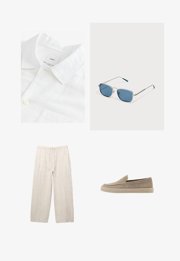 Bijela lanena košulja s izduženim ovratnikom, jednim dugmetom i džepom na prsima. Oznaka kaže "NEXT", veličina M. Mekana tekstura.; Linen hlače u svijetlo bež boji, s elastičnom strukom i užetom, širokog kroja, i bočnim džepovima. Glatka tekstura.; Bež ante stare cipele s zaobljenim vrhom, niskim profilom i teksturiranim završetkom. Ima suptilno šavlje uzduž gornjeg dijela.; Naočale za sunce s okvirom od srebrnog metala, pravokutnim plavim lećama i tankim nogicama. Imaju plave akcentne detalje na vrhovima sljepoočnica.