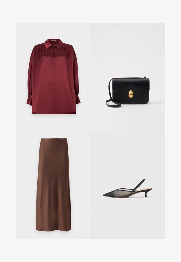 Ilgas rankovėmis bordo spalvos satino palaidinė su smailia apykakle, plisėtomis pečių detalėmis ir rankogaliais su sagomis, nufotografuota priešais vienodą foną.; Ruda satino midi sijonas su lygiu paviršiumi, tiesaus kirpimo, be aiškių raštų ar puošybos elementų. Paprastas ir elegantiškas dizainas.; NEOUS IRENA - Klasikiniai aukštakulniai - black; Juodas odinis rankinukas su struktūrine stačiakampio forma. Yra auksinė ovali sagtis ir plona petneša. Glotni tekstūra.