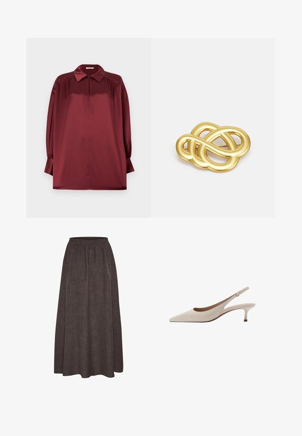 Blusa bordeaux in raso a maniche lunghe con colletto a punta, spalle plissettate e polsini con bottoni su sfondo semplice.; Gonna maxi color marrone scuro, realizzata in tessuto testurizzato con un elastico in vita. La silhouette ampia e fluida non presenta motivi o dettagli visibili.; Tacchi slingback beige con punta affusolata e tacco basso a campana. Realizzati in pelle liscia con un design minimalista e cinturino regolabile.; Spilla in oro con un design annodato caratterizzato da linee morbide e curve e una forma intricata, che riflette una finitura lucida.