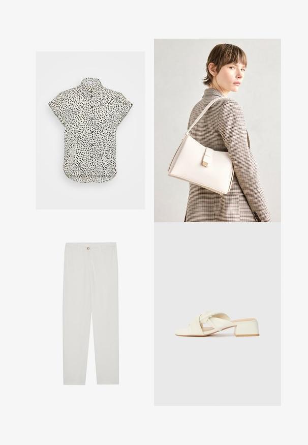 Short-sleeve button-up shirt in cream with black abstract spots. Collared design, slightly curved hem, and soft fabric texture.; White, tailored trousers with a straight leg design, featuring a button closure, belt loops, and side pockets; smooth fabric texture.; Cream-colored block-heeled sandals with twisted straps and a flat toe bed. Smooth synthetic material with a matte finish.; White leather handbag with a structured design, featuring a magnetic clasp and a shoulder strap, showcased against a neutral background.