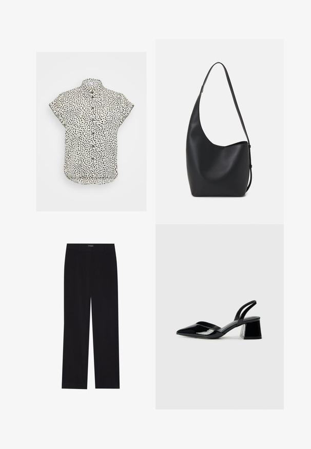 Kremlā zīmu pastiprināta īsām piedurknēm un melniem abstraktiem plankumiem. Apkakles dizains, nedaudz izliekta apakšmalas, un maiga auduma tekstūra.; Melni korduroja bikses ar taisnu piegriezumu, ar plakanu jostasvietu un bez redzamām kabatām, gluda tekstūra un vertikālas ribas detaļa.; Melna lakota āda ar atvērto papēdi, ar smailu purngalu un ģeometrisku blokpapēdi. Iezīmējas elegants, minimāls dizains un gluda tekstūra.; Melnas ādas hobo soma ar gludu tekstūru, izliekta forma un vienu regulējamu jostu; augšā ir plaša atvere.