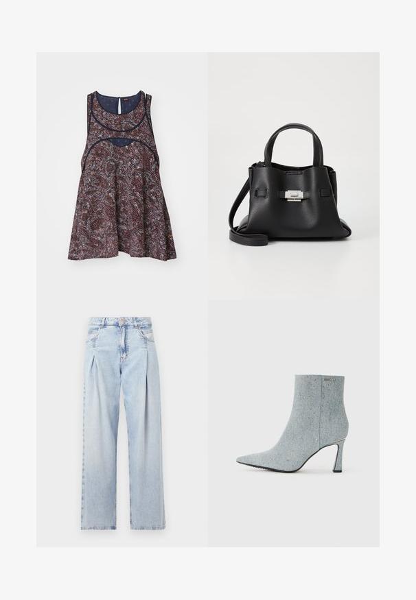 Floral-patterned sleeveless top in dark hues with light accents, featuring a round neckline and a keyhole back detail, made of lightweight fabric.; Light blue denim jeans with a high waist, wide-leg cut, two side pockets, and pleated design feature. Soft texture with a faded finish.; Denim ankle boot with pointed toe, light blue color, and embellished with small silver studs. Features a stiletto heel and textured fabric.; Black leather handbag with a textured finish, featuring two top handles, a detachable shoulder strap, and a silver clasp detail.
