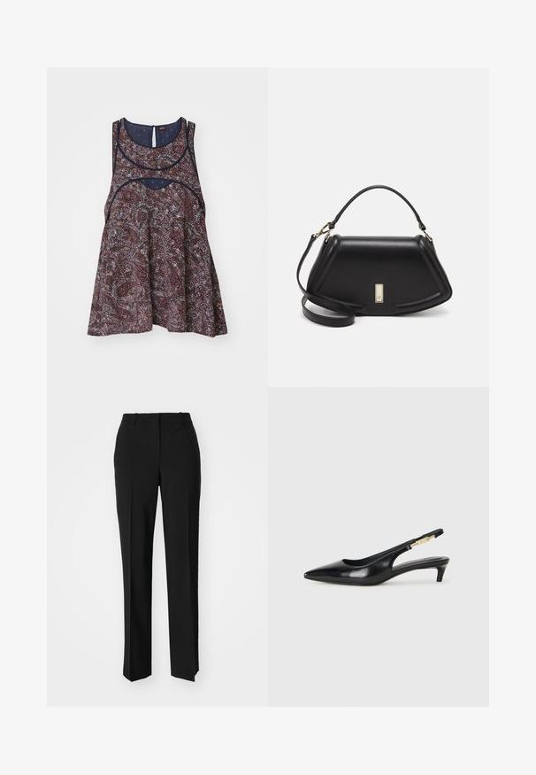 Majica bez rukava s cvjetnim uzorkom u tamnijim nijansama s svijetlim naglascima, koja ima okrugli izrez i detalj u obliku ključa na leđima, izrađena od laganog materijala.; Crne krojene hlače ravnog kroja, s glatkom teksturom i oštrim pregibima naprijed. Bez vidljivih metalnih dijelova.; Crne kožne sandale s petom, s izduženim vrhom, imaju usku petu i zlatni akcent na podesivoj traci. Glatka tekstura.; Crna kožna torba s strukturiranim dizajnom, s krojenim oblikom, gornjom drškom i zlatnim detaljima. Uključena je podesiva ramena traka.