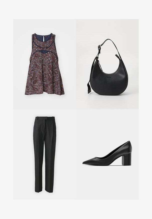 Top sans manches à motifs floraux dans des teintes foncées avec des accents clairs, comprenant un décolleté rond et un détail en trou de serrure au dos, fabriqué en tissu léger.; Pantalons noirs ajustés en tissu léger, avec une coupe droite, un devant plat et des passants de ceinture. Texture lisse sans motifs visibles.; Escarpin en cuir noir avec un embout pointu et un talon carré épais. Texture lisse, design simple, adapté aux environnements formels.; Sac à épaule en cuir noir avec une forme arrondie, fermeture à glissière et bandoulière réglable. Présente un logo de marque en relief sur le devant.
