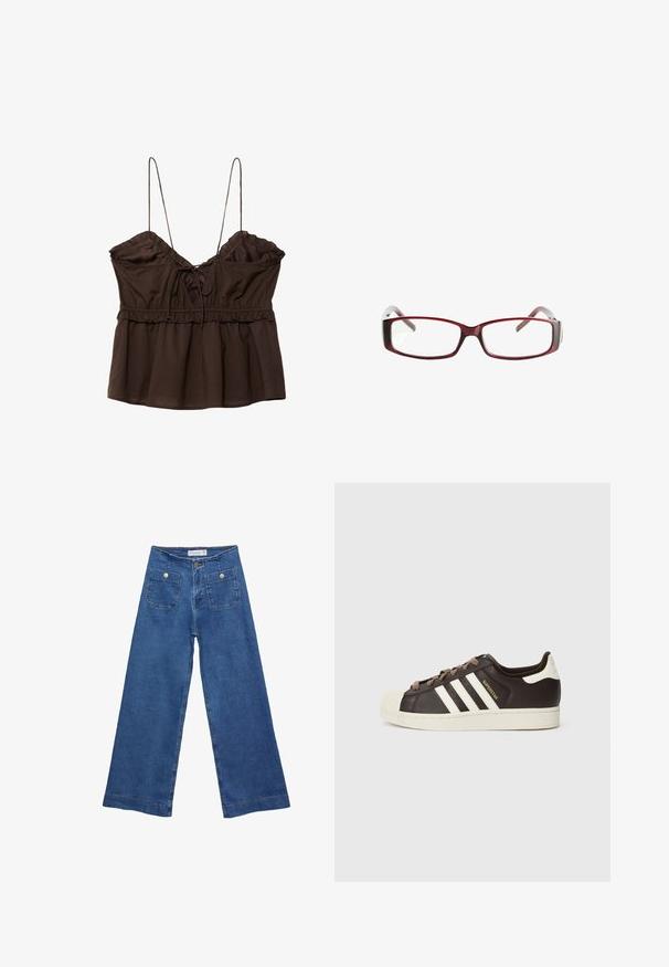 Hnedý bezrukávový top so zhrnutým poprsím, nastaviteľnými špagetovými ramienkami, volánikovými okrajmi a voľným strihom s detailom na stiahnutie.; Džínsy s širokými nohavicami v stredne modrej farbe, s dvoma prednými vreckami na gombíkovné zapínanie a šitými detailmi pozdĺž lemov.; Nízke tenisky Adidas Superstar z tmavohnedej kože s béžovou špičkou, bielymi pruhmi a nápisom „Superstar“ na boku.; Červené obdĺžnikové dioptrické okuliare s elegantným dizajnom. Priehľadné šošovky, mierne priesvitné rámiky a prechodový efekt od červenej po šedú.