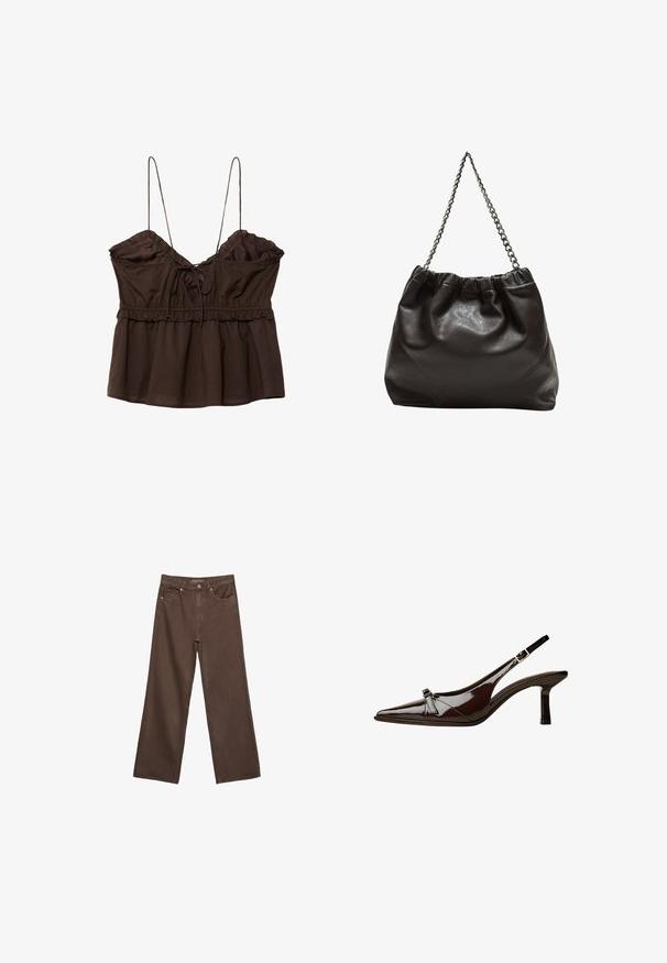 Brown, sleeveless top with a gathered bust, adjustable spaghetti straps, ruffled edges, and a relaxed fit with a drawstring detail.; Wide-leg brown jeans made of denim, featuring a high waist, front pockets, and a classic button closure. Smooth texture with subtle stitching.; Brown patent leather slingback shoe with pointed toe, low heel, and a decorative bow accent on the front. Smooth, shiny texture.; Brown leather bag with a gathered top and a chain strap. Smooth texture with a glossy finish and subtle seam detailing on the sides.