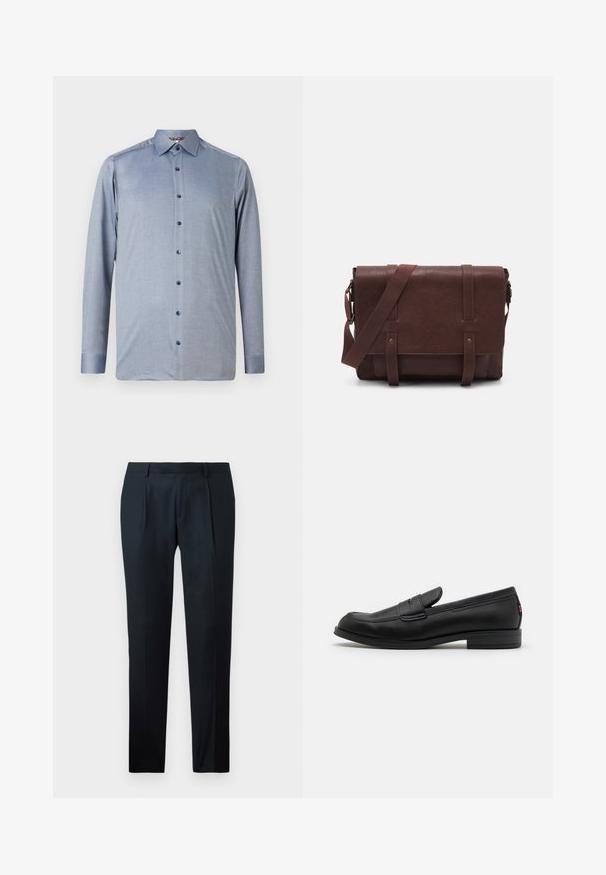 Camicia a maniche lunghe con bottoni di colore azzurro chiaro, realizzata in un tessuto testurizzato. Presenta un colletto classico e bottoni blu scuro lungo la parte anteriore.; Pantaloni neri su misura realizzati in tessuto liscio, con un design slim fit, due pince frontali e una cintura piatta senza hardware visibile.; Mocassini in pelle nera con finitura liscia, punta arrotondata e una piccola pattina decorativa. Presentano un tacco basso e impilato e un sottile dettaglio di branding.; Borsa a tracolla in pelle marrone con un davanti piatto, due cinghie, dettagli in metallo dorato e una tracolla regolabile.