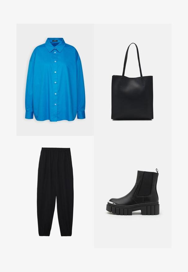 Modra srajca z gumbki in usnjeno ovratnico, dolge rokave in pravim krojem. Gladek bombažen material z kontrastnimi belimi gumbi.; Črne, lahke hlače z elastičnim pasom in nabranimi gležnji. Tkanina je gladka in ima sproščen, taperiran dizajn.; Črne gležnarje iz gladkega usnja z elastičnimi vložki, debelim platformnim podplatom in kovinskim kapicom.; Črna usnjena torba s svilnato teksturo, pravokotne oblike in dvema dolgima ročajema. Brez vidnih metalnih delov ali okrasnih elementov.