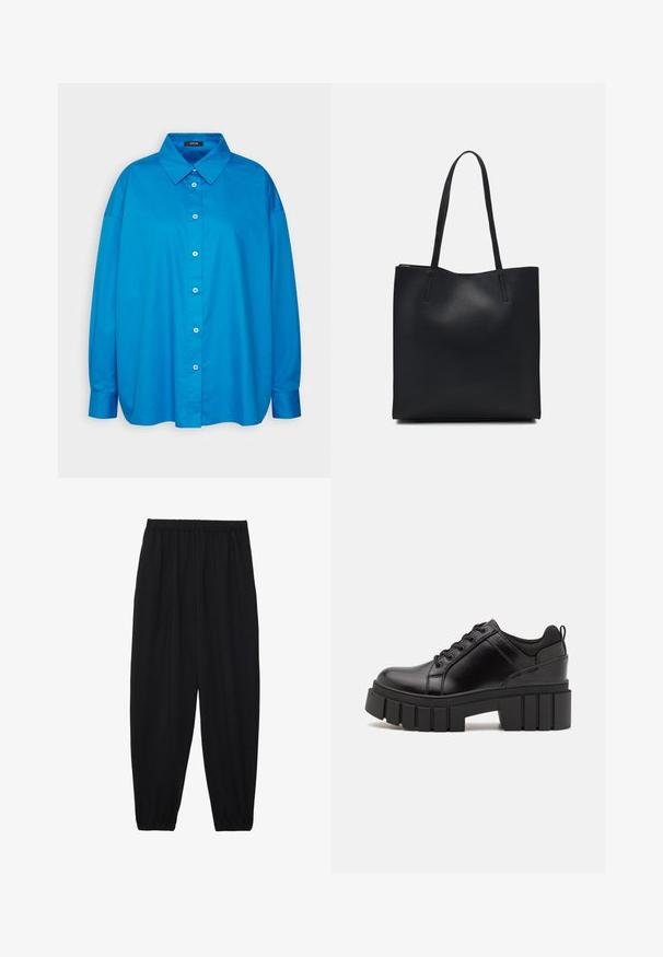 Blå skjorte med knapper, spiss krage, lange ermer og rett snitt. Glatt bomullsstoff med kontrasterende hvite knapper.; Svarte, lette bukser med elastisk liv og rynkede ankler. Stoffet er glatt og har en avslappet, innsvingt design.; Svarte lærplattformsko med kraftig blokkhell, rund tå og tradisjonell snøring. Har en jevn tekstur og minimal detaljering.; Svart lær tote bag med glatt tekstur, rektangulær form og to lange håndtak. Ingen synlige deler eller dekorasjoner.