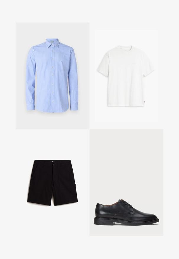 Gestreepte shirt met verticale lichtblauwe en witte strepen, met een button-down kraag, lange mouwen en een klein logo op de borst.; Witte katoenen T-shirt met korte mouwen, ronde hals en subtiele Levi's logo gedrukt in het midden. Zachte textuur en standaard pasvorm.; Zwarte shorts van katoen, met een standaard tailleband, twee front pockets en een relaxte fit. Eenvoudig ontwerp zonder zichtbare patronen.; Zwart leren dresschoen met een ronde neus, vetersluiting en een lage gestapelde hak. Gladde textuur met minimale stiksels.