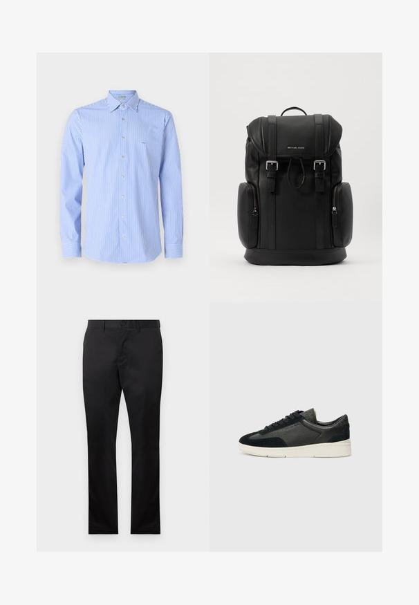 Camicia a righe con strisce verticali azzurro chiaro e bianche, collettobutton-down, maniche lunghe e piccolo logo sul petto.; Pantaloni in cotone neri con un design a gamba dritta, dotati di chiusura frontale con bottone e tasche laterali, texture liscia, senza motivi visibili.; Sneakers a basso profilo che presentano un mix di suede nero e pelle texturizzata, una suola in gomma bianca e lacci neri. Branding discreto sul lato.; Zaino in pelle nera con superficie testurizzata, chiusura a patta, accessori metallici, tasche laterali con zip e logo del marchio sul davanti.