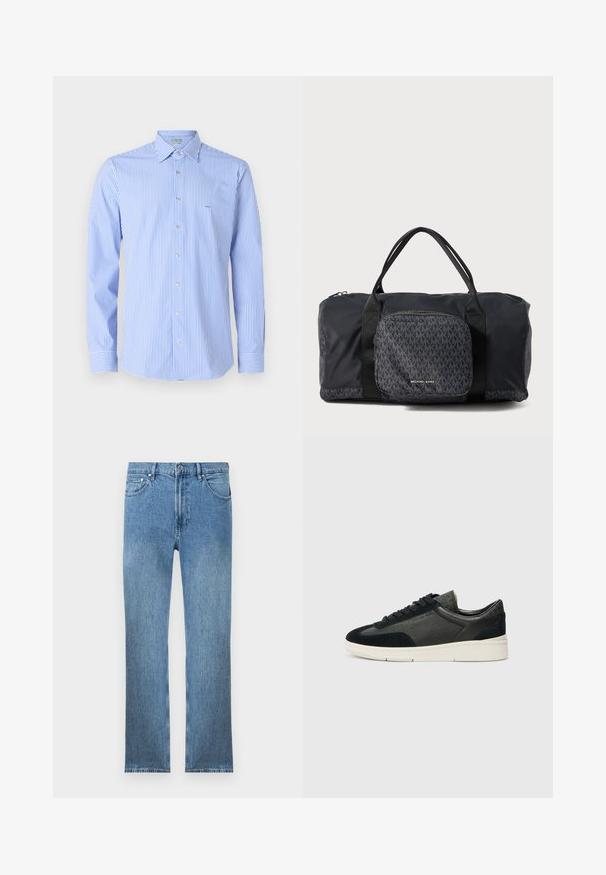 Stripet skjorte med vertikale lyseblå og hvite striper, krage med knapper, lange ermer og liten logo på brystet.; Lyseblå denimjeans med rett snitt, fem lommer, glidelås og kontraststing. Stoffet har en glatt, strukturert overflate.; Lave sneakers med en blanding av svart semsket skinn og teksturert lær, en hvit gummisåle og svarte lisser. Diskret merkevare på siden.; Svart Michael Kors duffel-veske med dobbelthåndtak, frontlomme med glidelås som har gjentatte MK-logoer og Michael Kors-merke.