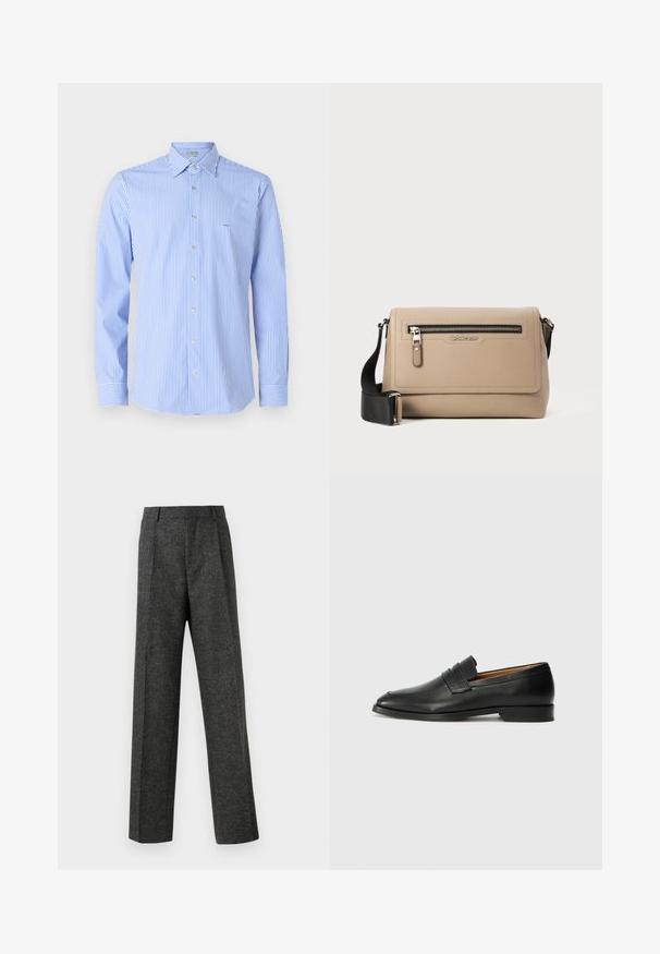 Camicia a righe con strisce verticali azzurro chiaro e bianche, collettobutton-down, maniche lunghe e piccolo logo sul petto.; Pantaloni grigi su misura realizzati in tessuto strutturato, con due pieghe frontali e un design a gamba dritta. Nessuna tasca o decorazione visibile.; Mocassino in pelle nera con punta arrotondata, dettagli cuciti sottili e tacco basso, caratterizzato da una texture liscia e un design minimalista.; Borsa a tracolla in pelle beige con finitura texturizzata, dotata di tasca con zip frontale e tracolla nera regolabile. Logo visibile sul davanti.