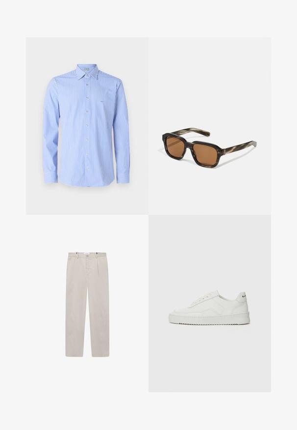 Gestreepte shirt met verticale lichtblauwe en witte strepen, met een button-down kraag, lange mouwen en een klein logo op de borst.; Lichtbeige broek van zachte stof, met een rechte snit, twee zijzakken en een knoopsluiting aan de voorkant. Lichtgewicht en gladde textuur.; Witte leren sneaker met een gladde afwerking, ronde neus, platte veters en een gestructureerde zool. Kenmerkt zich door een subtiel logo op de hiel.; Plastic zonnebril met een schildpadpatroon, octagonale bruine lenzen en dunne gouden hardwareaccenten op het frame.