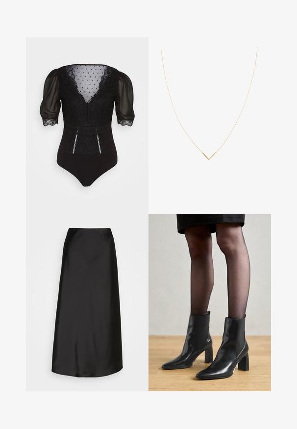 Zwarte jumpsuit met doorschijnende pofmouwen, kantdetails, polkadots op het lijfje en decoratieve biezen aan de voorkant.; Zwarte satijnen midi-rok met een gladde textuur, A-lijn vorm en een subtiele glans. Heeft een slank, eenvoudig ontwerp zonder versieringen.; Zwarte leren enkellaarsjes met een spitse neus, stevige vierkante hak en een fraaie uitstraling. Beschikt over elastische zijpanelen voor gemakkelijke aan- en uittrekken.; Gouden ketting met een dunne schakel en een V-vormige hanger. Slank ontwerp met een gladde, gepolijste afwerking en minimale details.