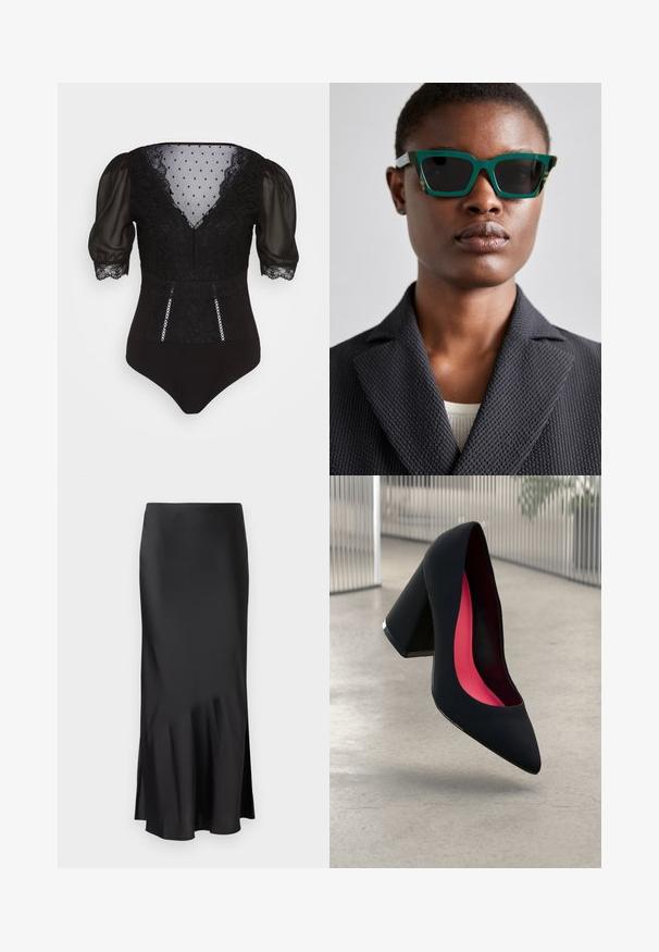 Schwarzer Body mit durchsichtigen Puffärmel, Spitze, gepunktetem Netz im Oberteil und dekorativem Besatz vorne.; Schwarzer Satin-Midi-Rock mit einem eleganten Design, der am Saum leicht ausgestellt ist und eine seitliche Schlitze für mehr Bewegungsfreiheit bietet. Glatte Textur.; Schwarzer High Heel Schuh mit spitzer Zehe, strukturiertem Obermaterial und lebhaftem pinken Innenraum. Verfügt über einen dicken Absatz mit silberner Akzentuierung.; Grüne und gemusterte Sonnenbrille mit einem geometrischen Rahmen; dunkle Gläser; das Model trägt ein strukturiertes schwarzes Sakko über einem hellen Oberteil.; Schwarze synthetische Schultertasche mit geschwungenem Silhouette, strukturiertem Finish, goldenem Dreiecks-Logo und abnehmbaren Hardware-Akzenten.