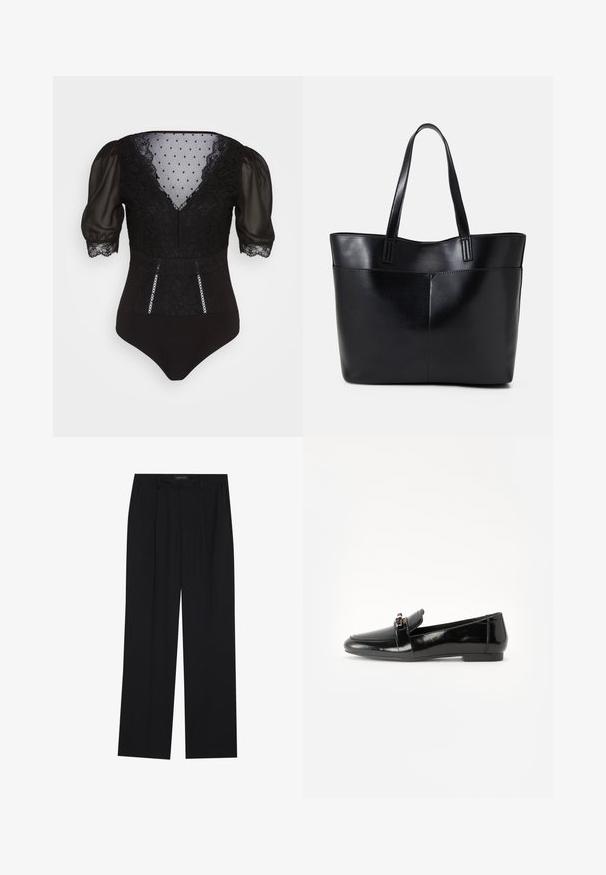 Melnā bodijs ar caurspīdīgām pūkām, mežģīņu detalizējumu, punktu acs materiālu pie ķermeņa un dekoratīvām apmalēm priekšpusē.; Melni bikses ar taisnu kāju dizainu, kurām ir divi priekšējie kabatas un jostasvieta. Izgatavotas no gludas, vieglas auduma.; Melns lakots ādas loafers ar plakanu zoli, apaļu purngalu un dekoratīvu jostu ar zelta toņa akcentu. Gluda, spīdīga apdare.; Melnas ādas iepirkumu soma ar divām garām rokturām, gludu tekstūru un strukturētu formu. Iekļauj priekšējo kabatu papildu uzglabāšanai.