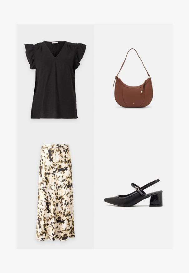 T-shirt nero a V con maniche corte e arricciate. Realizzato in tessuto leggero, presenta una vestibilità comoda e una leggera caduta.; Una gonna al ginocchio in un tessuto leggero con un motivo astratto beige, marrone e verde. Presenta una vita aderente e un design fluido.; Décolleté in vernice nera con cinturino dietro, punta affusolata, design con ritagli arrotondati e tacco a blocco. Presenta un accento di fibbia tono oro.; Borsa a spalla in finta pelle marrone con forma curvata, cuciture minime e un accento in metallo dorato. Presenta una chiusura con zip superiore e una tracolla regolabile.
