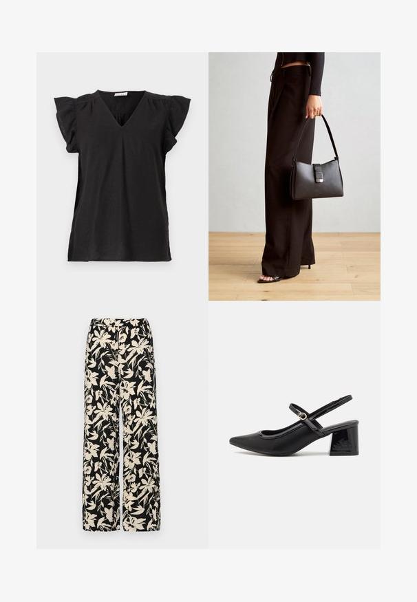 T-shirt nero a V con maniche corte e arricciate. Realizzato in tessuto leggero, presenta una vestibilità comoda e una leggera caduta.; Pantaloni larghi neri con un motivo floreale crema. Realizzati in tessuto leggero, con una texture liscia e una vita alta.; Décolleté in vernice nera con cinturino dietro, punta affusolata, design con ritagli arrotondati e tacco a blocco. Presenta un accento di fibbia tono oro.; Borsa nera con forma strutturata, texture liscia e una chiusura metallica. Abbinata a pantaloni neri larghi e sandali open-toe su un pavimento in legno.