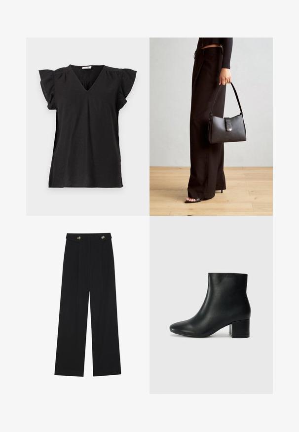 Melna V-veida t-krekls ar īsām, viļņotām piedurknēm. Izgatavots no viegla auduma, ar brīvu piegriezumu un nelielu plūstošu efektu.; Melnas platās bikses ar augstu jostasvietu, pogu detaļām uz jostas un priekšējām krokām.; Melna ādas potīšu zābaki ar smailu purngalu un masīlu papēdi. Gluda tekstūra ar minimāliem akcentiem un gludu, pieguļošu dizainu.; Melnā somiņa ar strukturētu formu, gludu tekstūru un metālu sprādzi. Saskaņota ar platām melnām biksēm un sandālēm ar atvērtu purngalu uz koka grīdas.